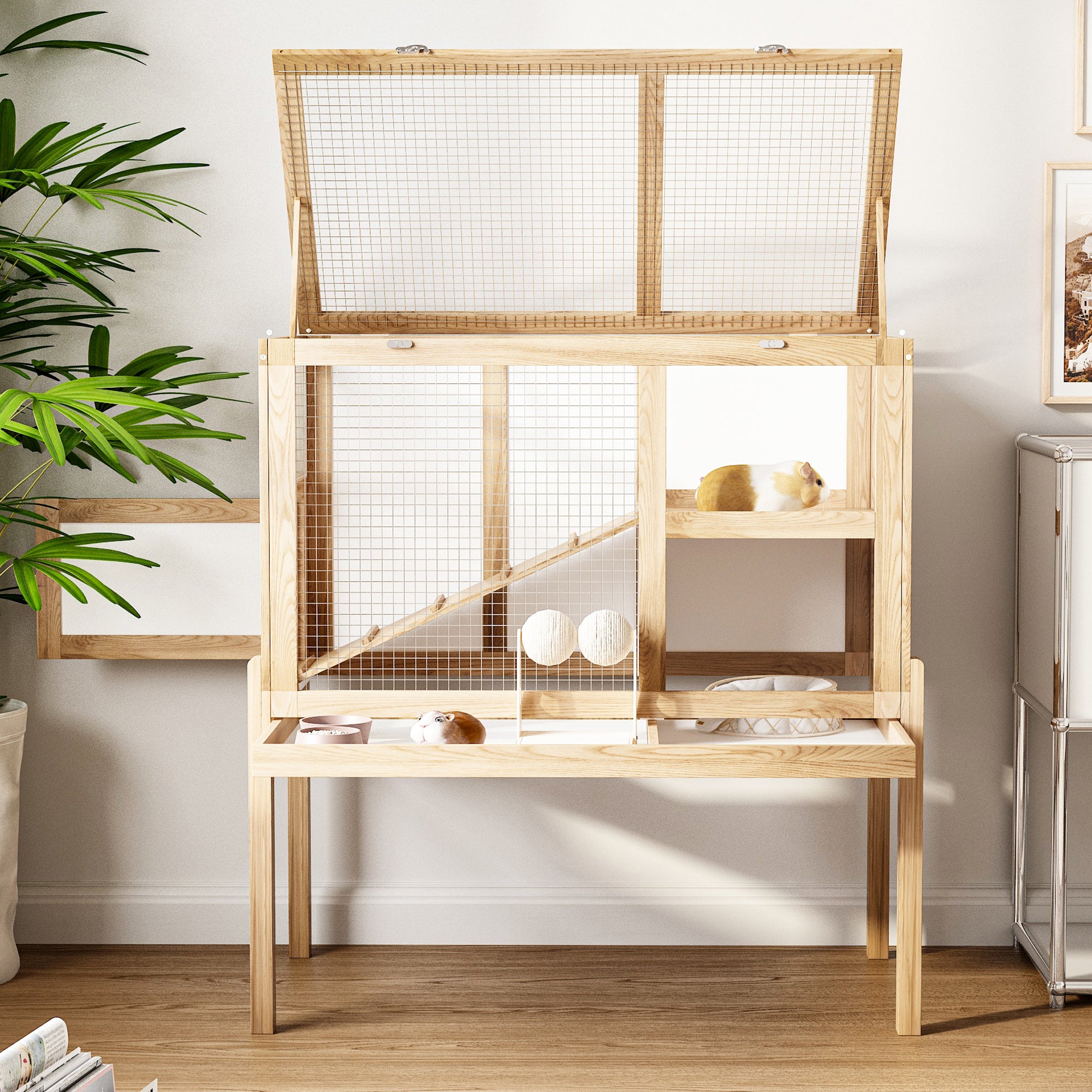 Elevated Small Animal Cage with 2 Level Play Area and Slide Out Cleaning Tray