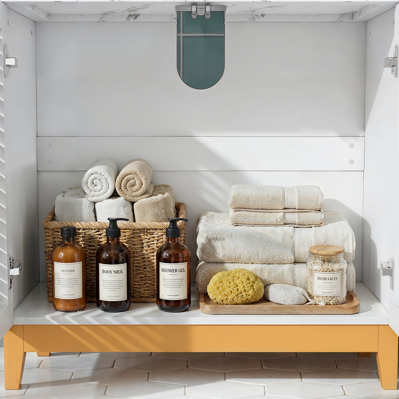 31.3" White Engineered Wood Bathroom Vanity with Louvered Doors, Solid Wood Legs & Cultured Stone Vessel Sink