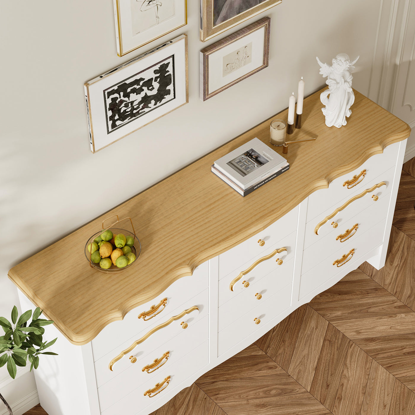 47.2" Elegant White 12-Drawer Accent Chest with Gold Handles