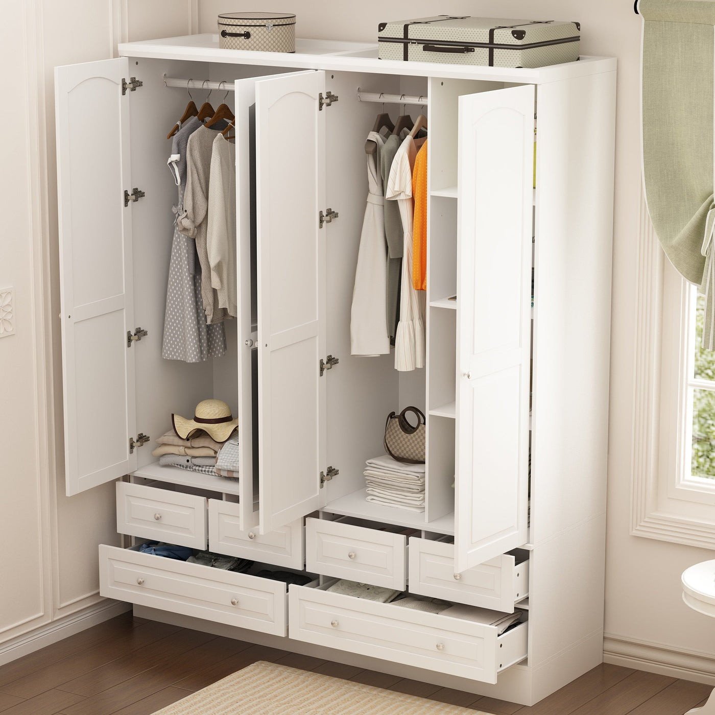 63" Elegant White Armoire Wardrobe with Mirror, 4 Doors, and 6 Drawers