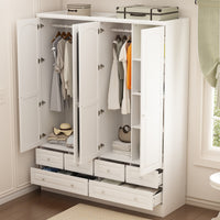 63" Elegant White Armoire Wardrobe with Mirror, 4 Doors, and 6 Drawers