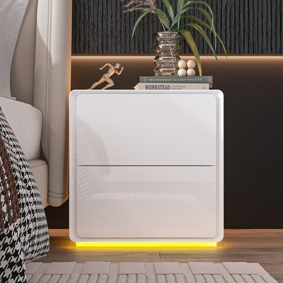 19.6" Modern Minimalist White/Black 2-Drawer Nightstand with LED Light