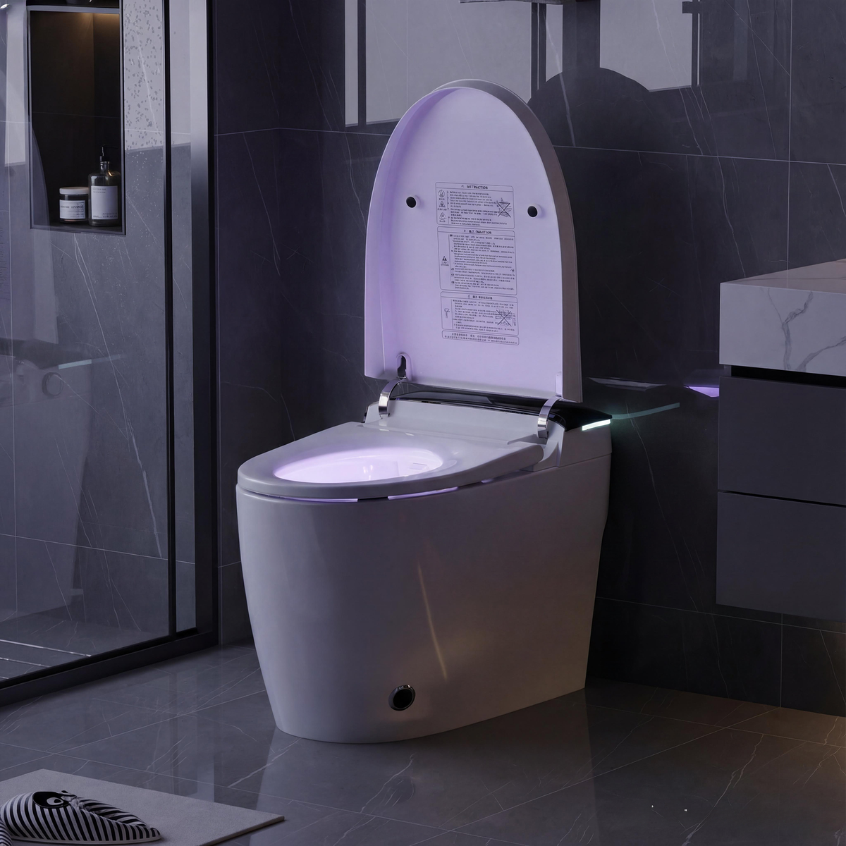 White smart toilet with closed lid, digital display, and built-in bidet