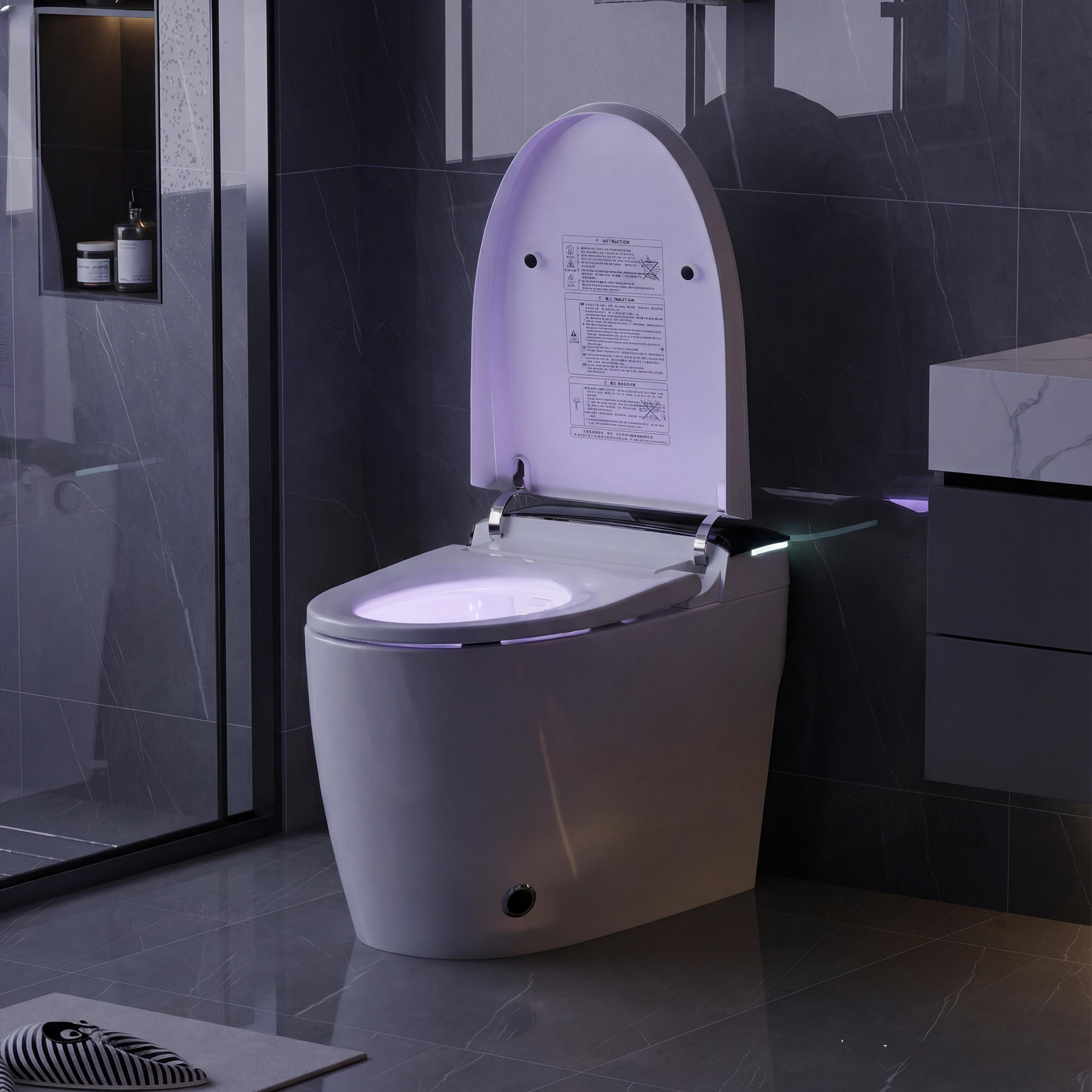 White smart toilet with closed lid, digital display, and built-in bidet