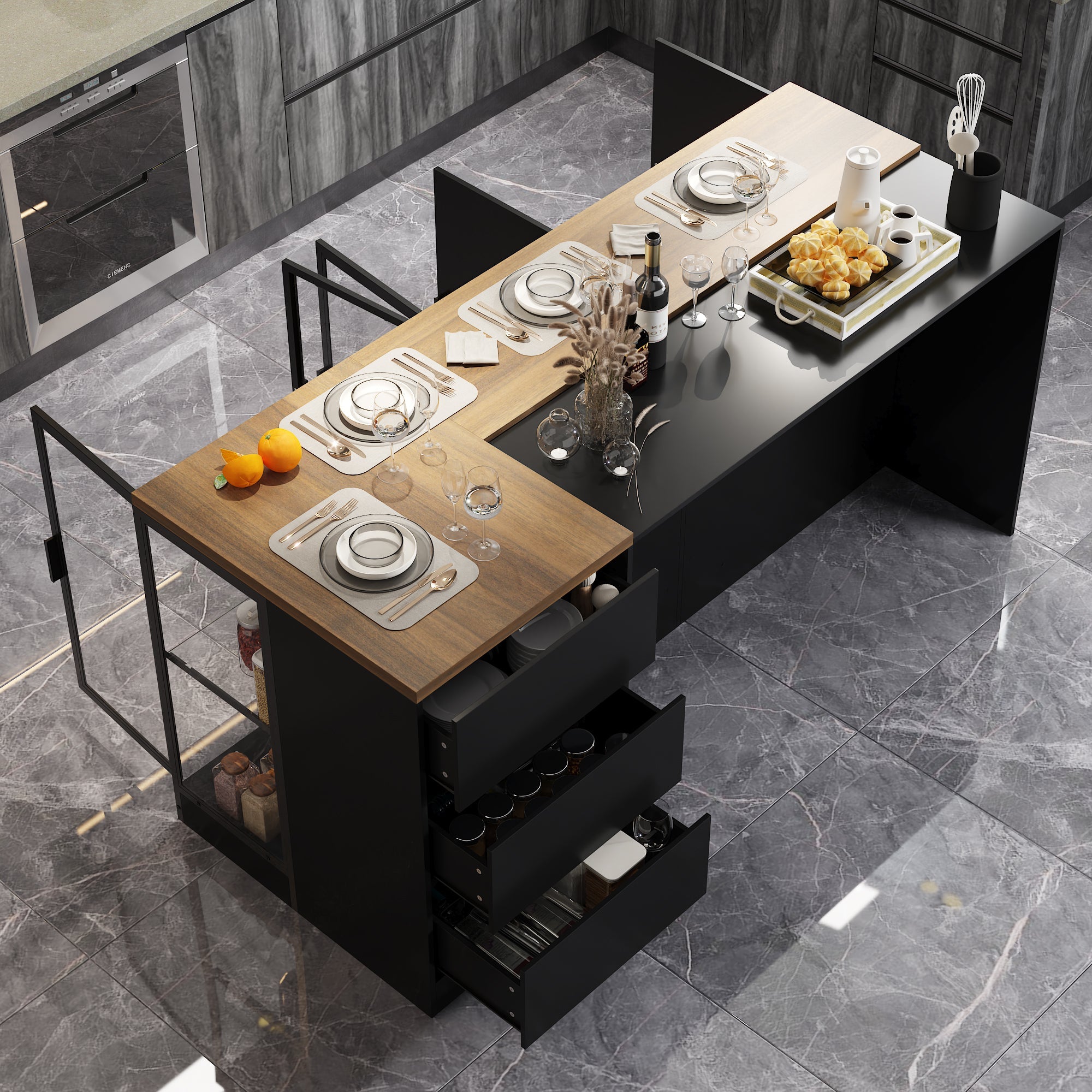 77.6"W Kitchen Island With Glass Door 3 Drawer Light Double Side