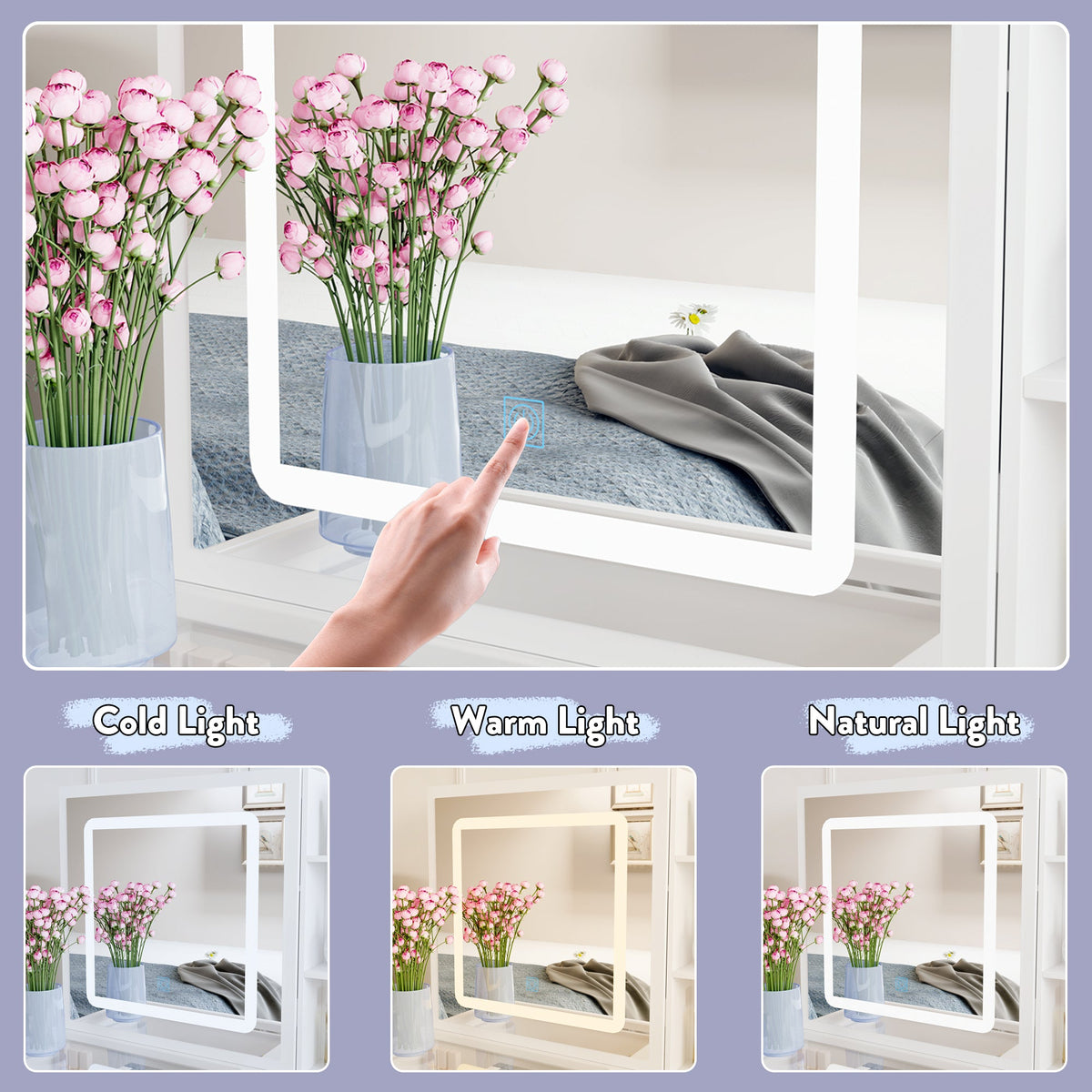 39.4" Modern White Vanity Desk Makeup Table Large Sliding Lighted Mirror Dressing Table With 5 Drawers Hidden Shelves
