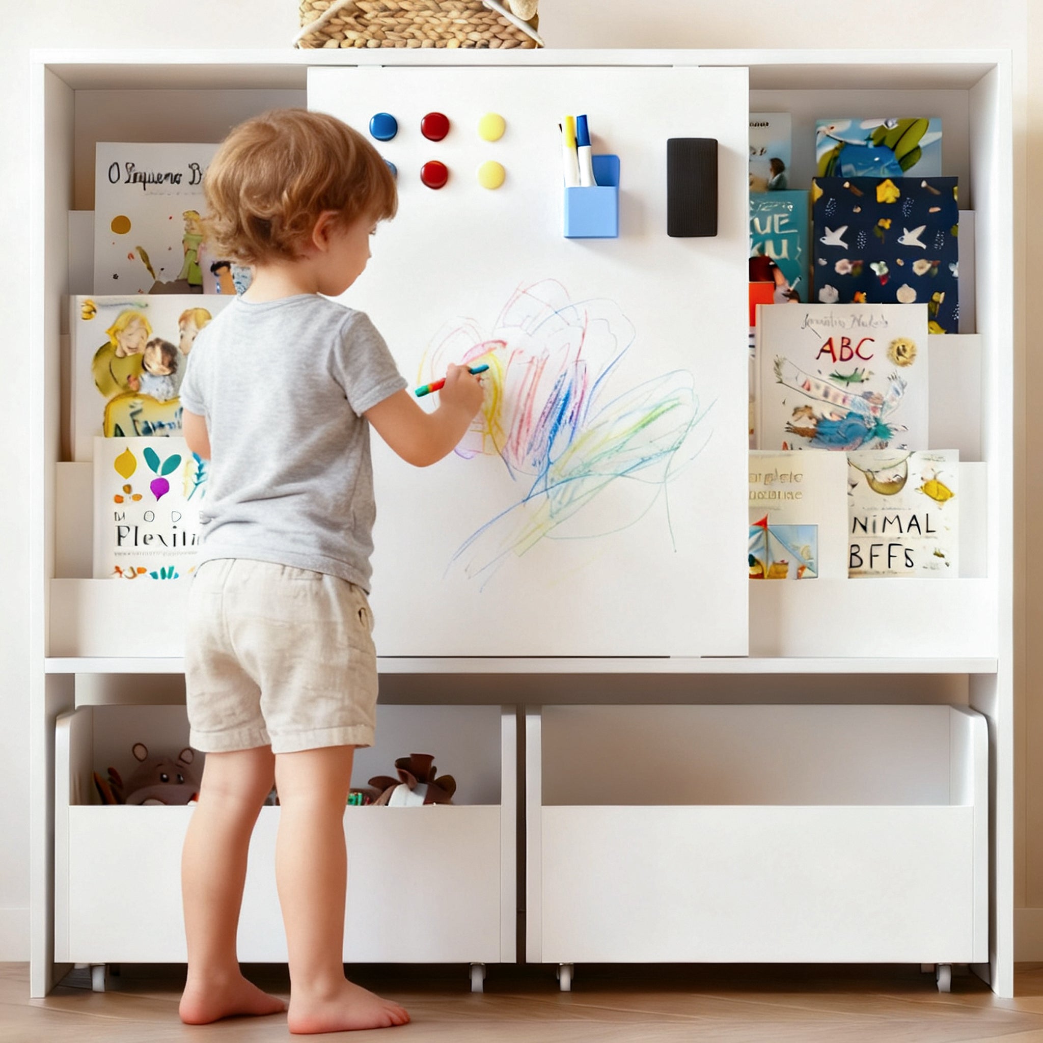 39.4 inch Modern White Kids Bookcase with Magnetic Whiteboard Doors