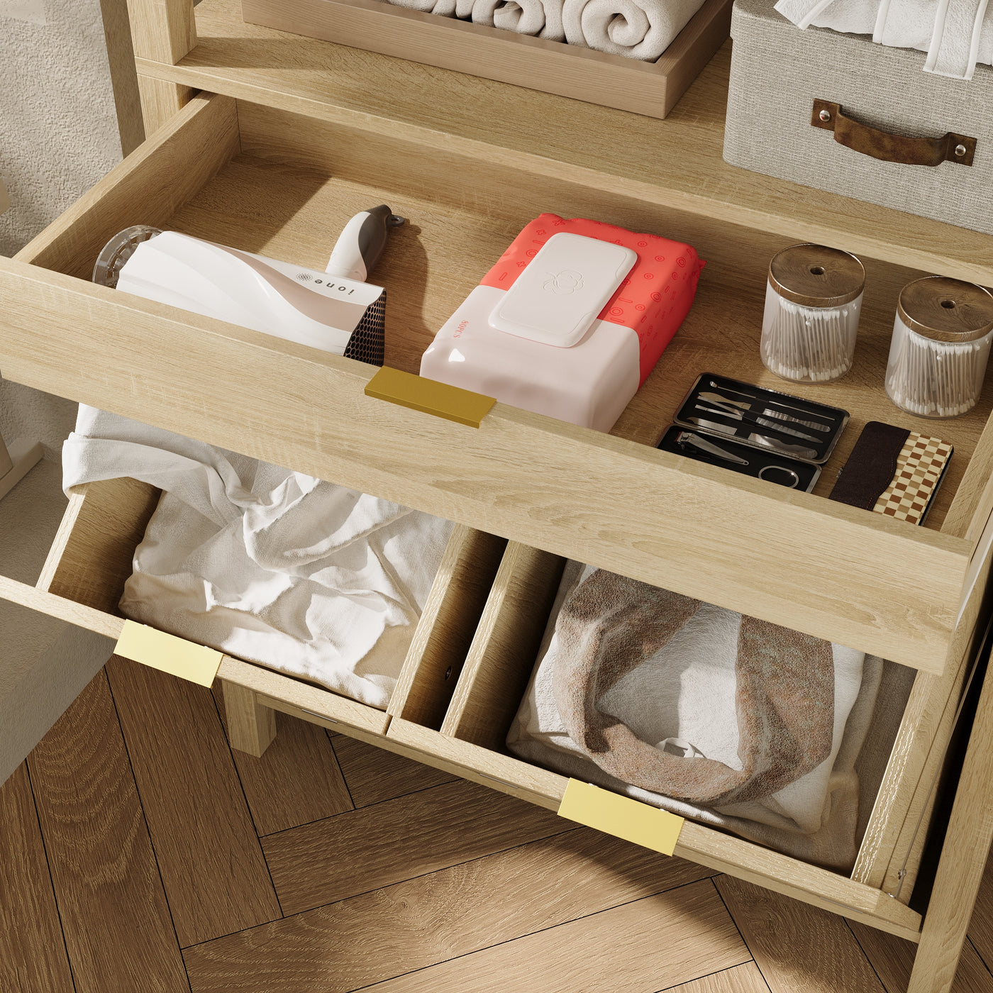 30.1" Oak Laundry Hamper Cabinet with 2 Tilt-Out Baskets and Open Shelves