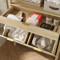 30.1" Oak Laundry Hamper Cabinet with 2 Tilt-Out Baskets and Open Shelves
