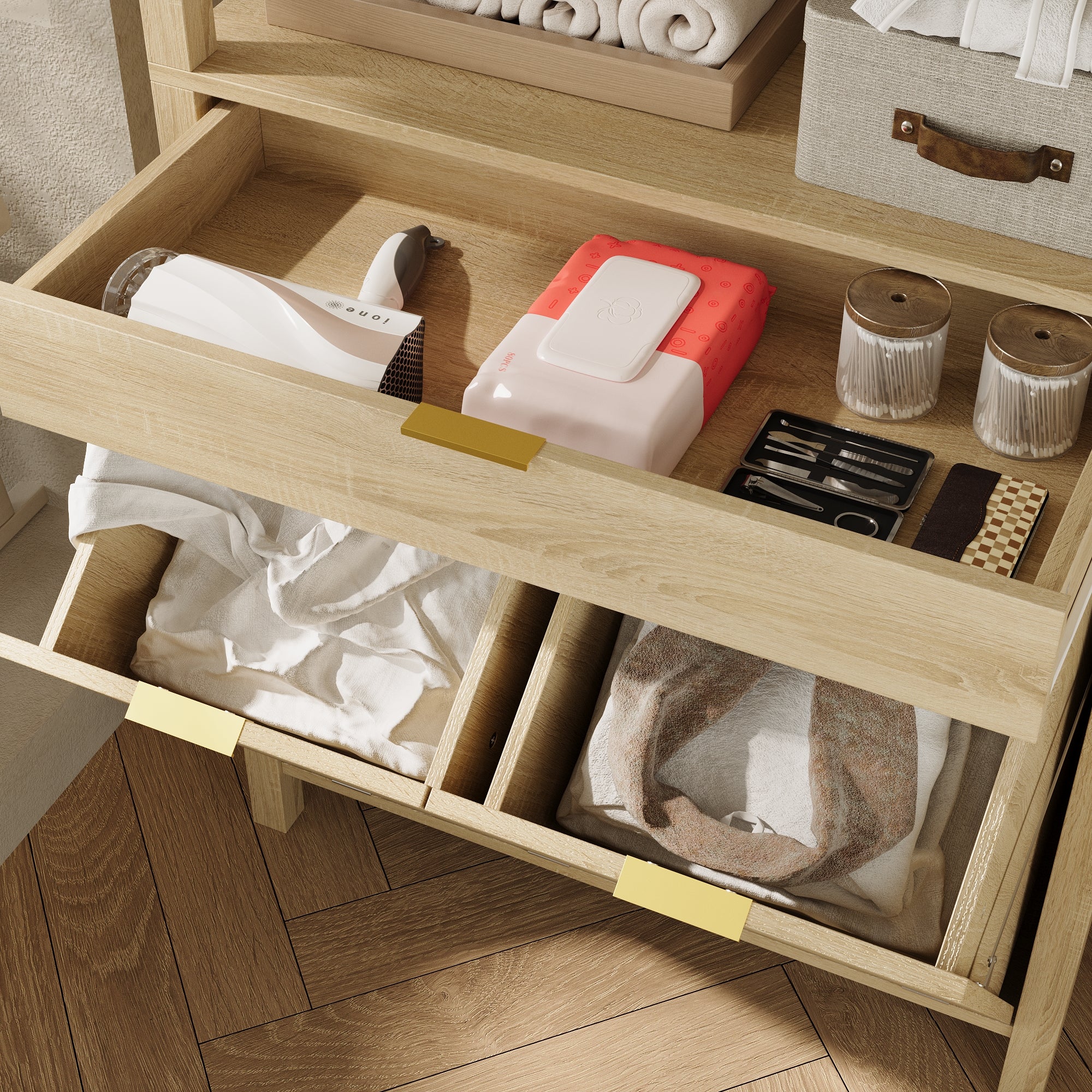 Tall Waterproof Laundry Hamper Cabinet With 2 Tilt-Out Baskets And Drawer, Open Shelves Organizer, Oak Finish, 70.8" H