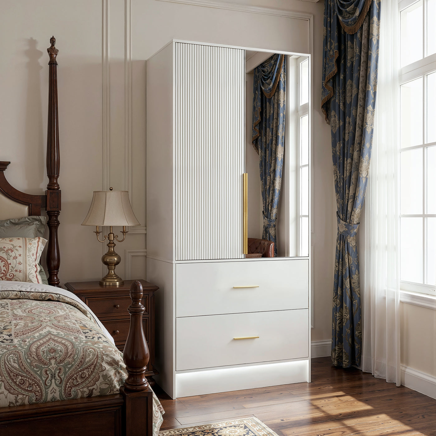 White Mirror Armoire with 2 Drawers and LED Base