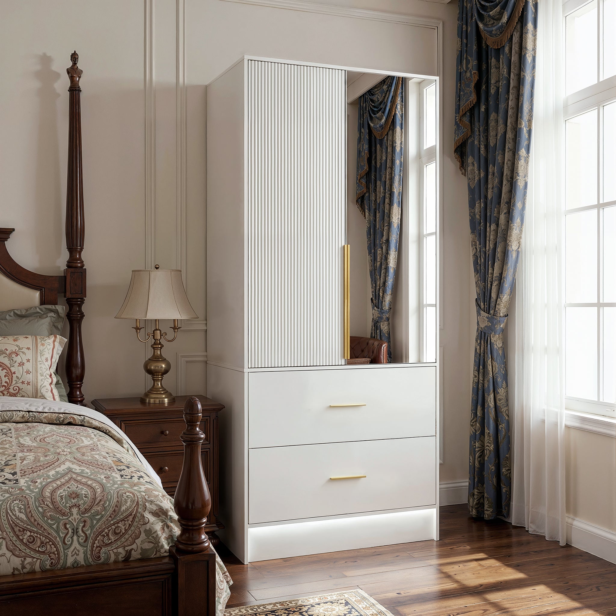 White Mirror Armoire with 2 Drawers and LED Base