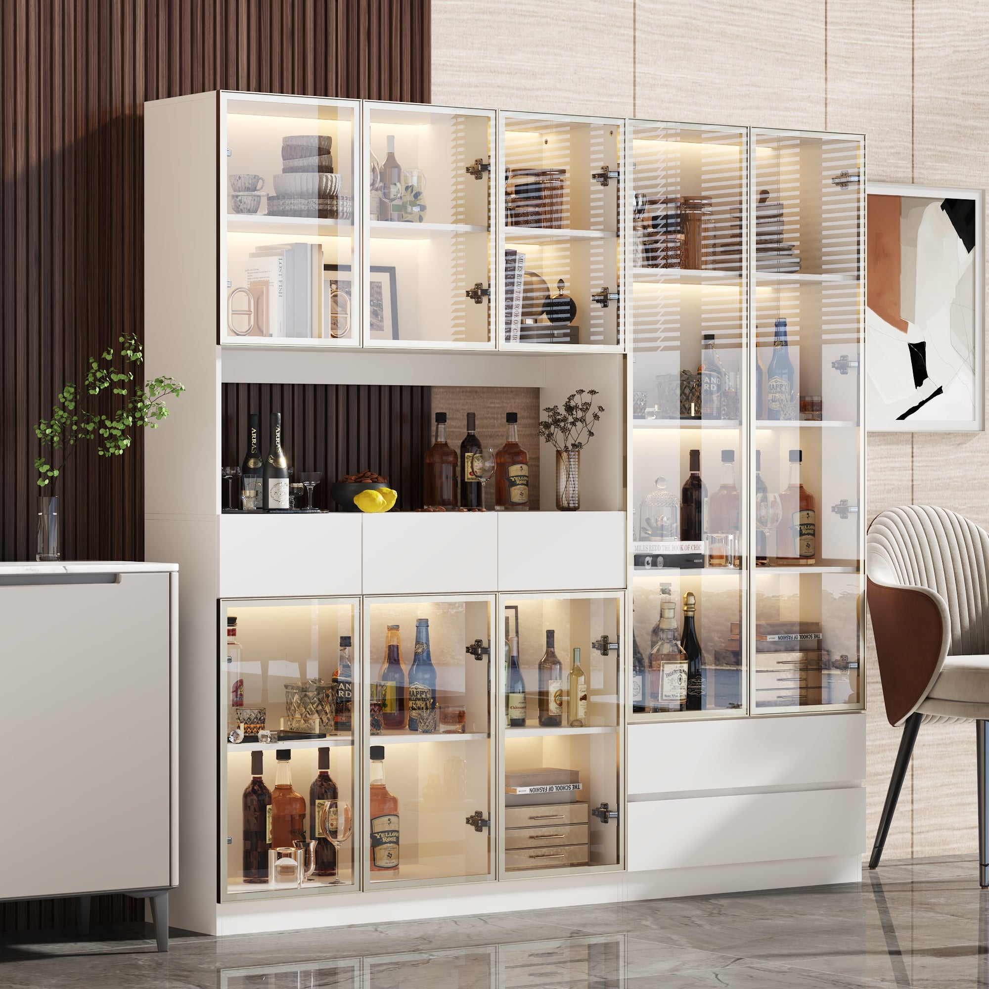 78.7'' H x 78.7'' W Bookcase with Glass Doors & 3-Color Changing Lights