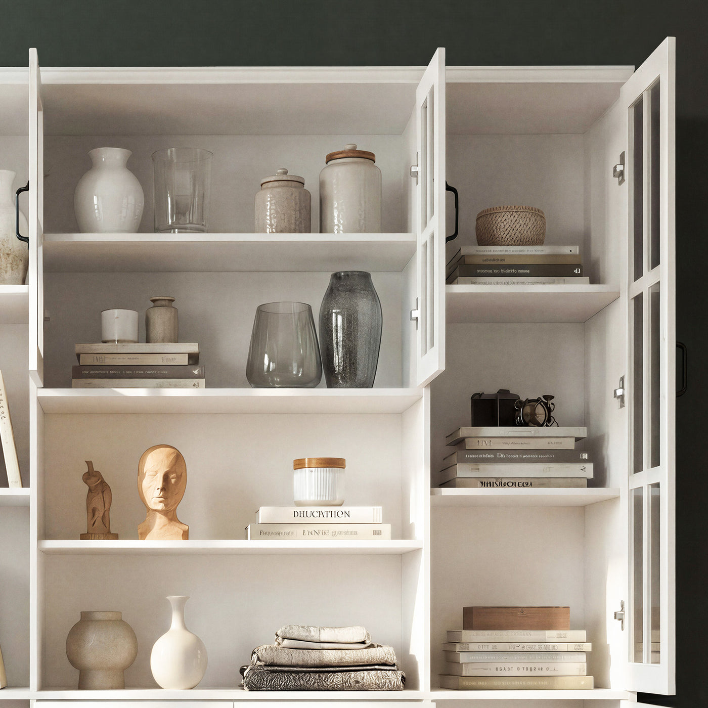Sofna 63" Modern White 2-Drawer Bookcase with Glass Doors