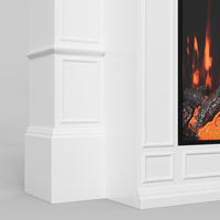 White electric fireplace with glowing logs and flames on a white background