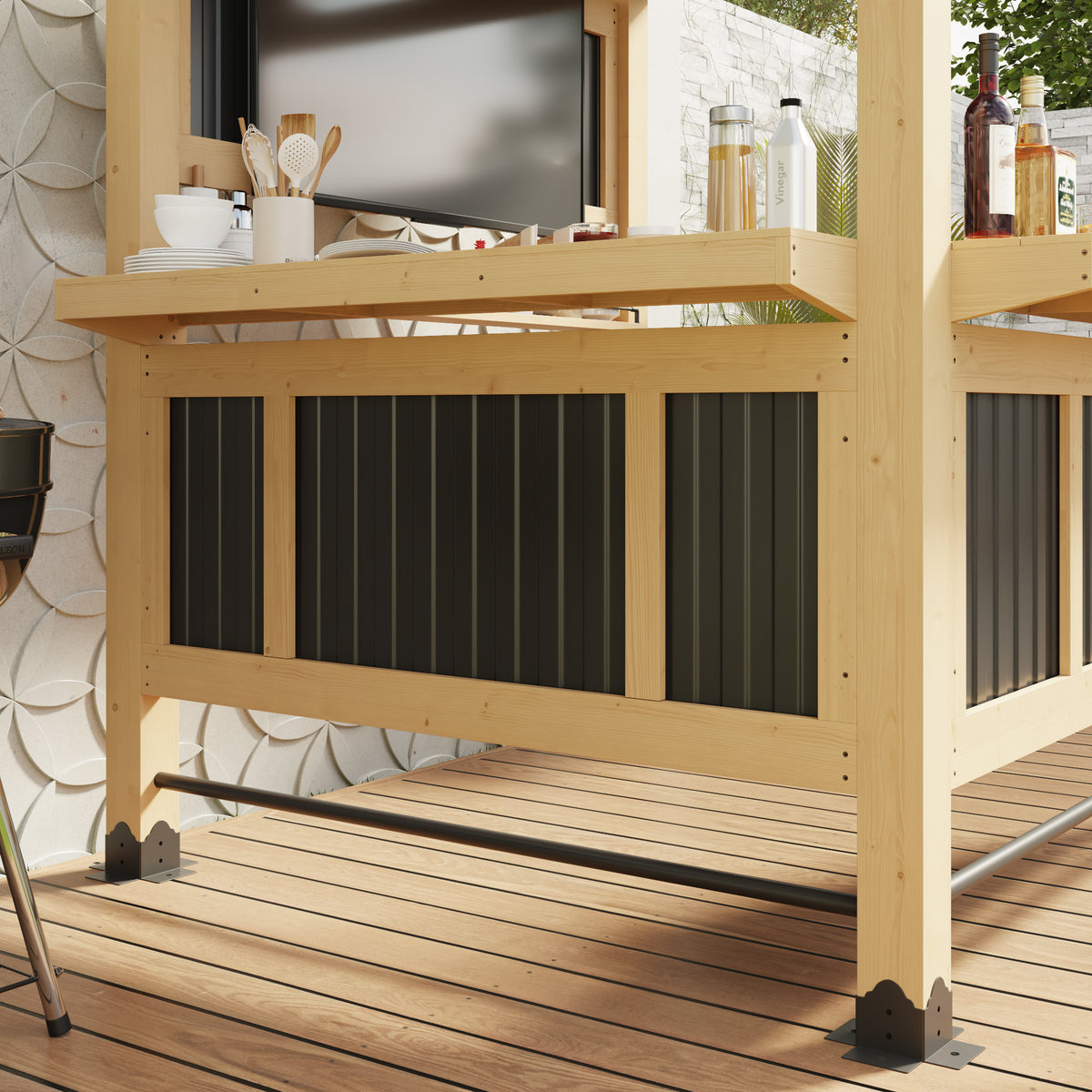 Wooden outdoor bar with black metal accents on a wooden deck