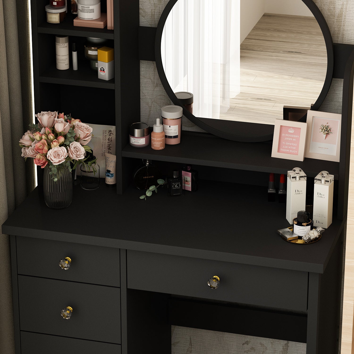 Makeup Vanity Set with Cushioned Stool, 5 Drawers & Display Shelves