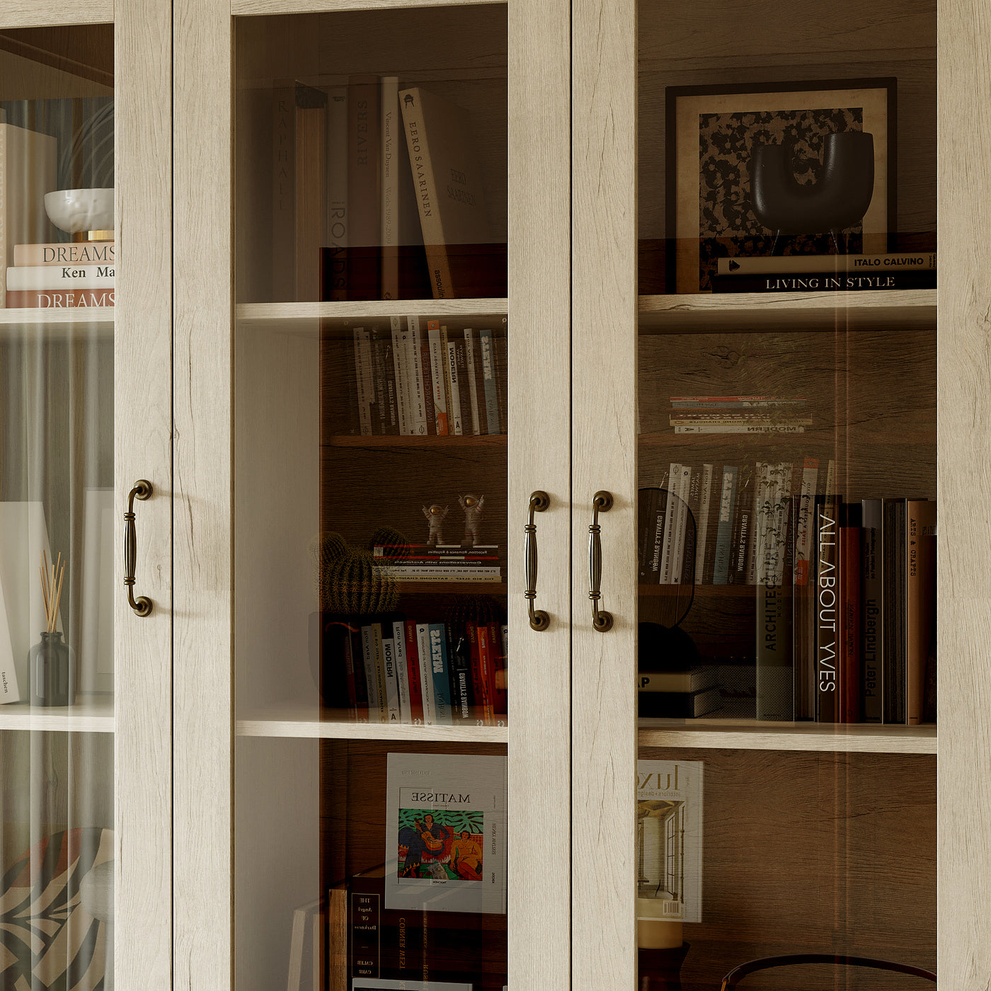 47.2" Farmhouse Gray-White Display Bookcase with Glass Doors