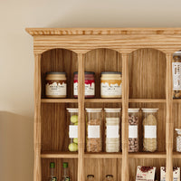 Wood wall cabinet with glass doors and open cubby shelves