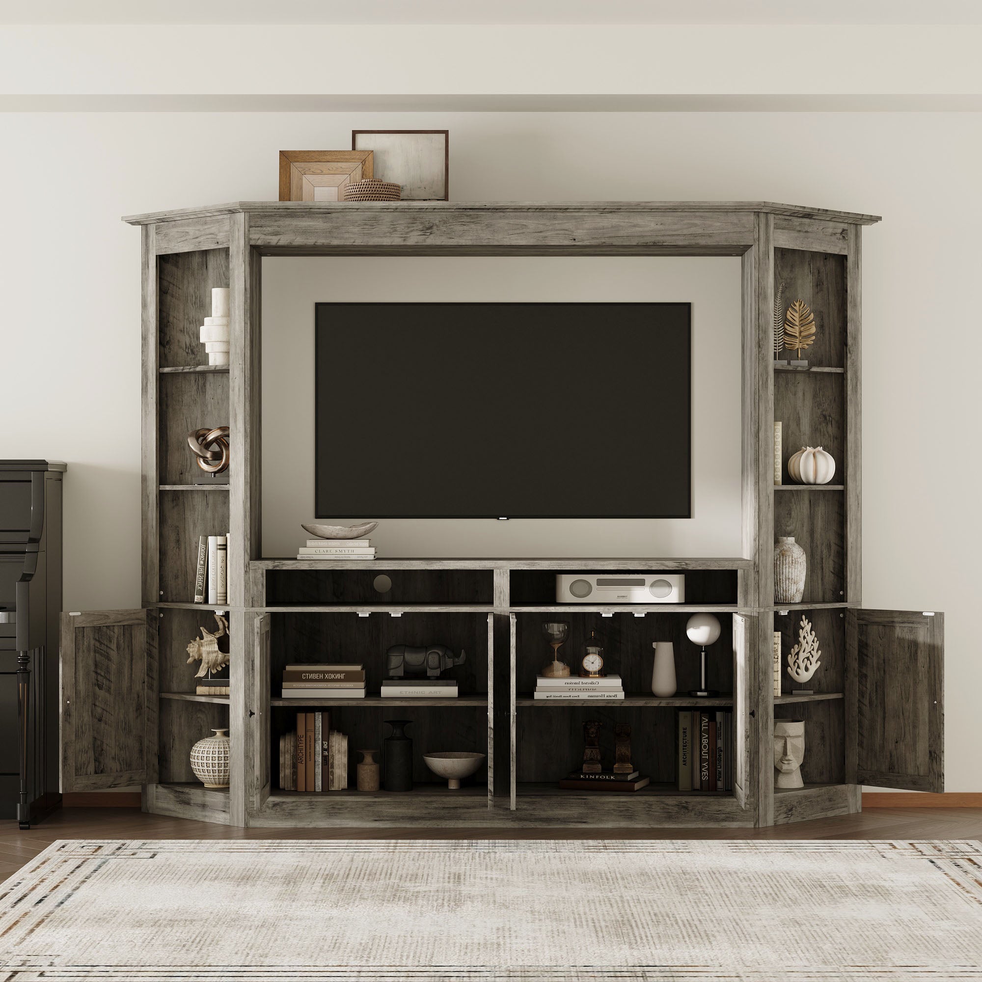 100'' Entertainment Center With Storage Cabinets & Open Shelves