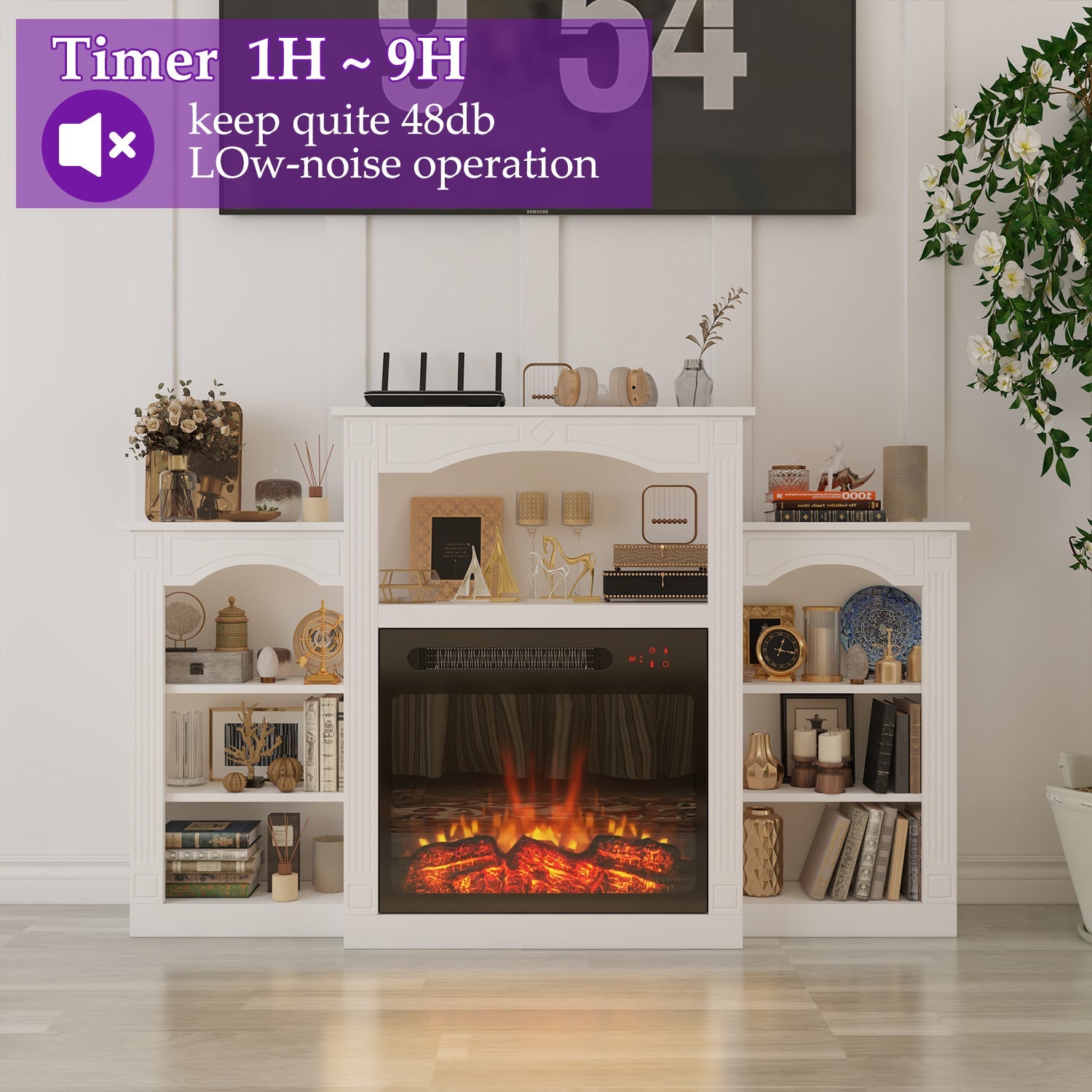 59'' W White Fireplace Heater TV Stand With Open Shelves & Timer