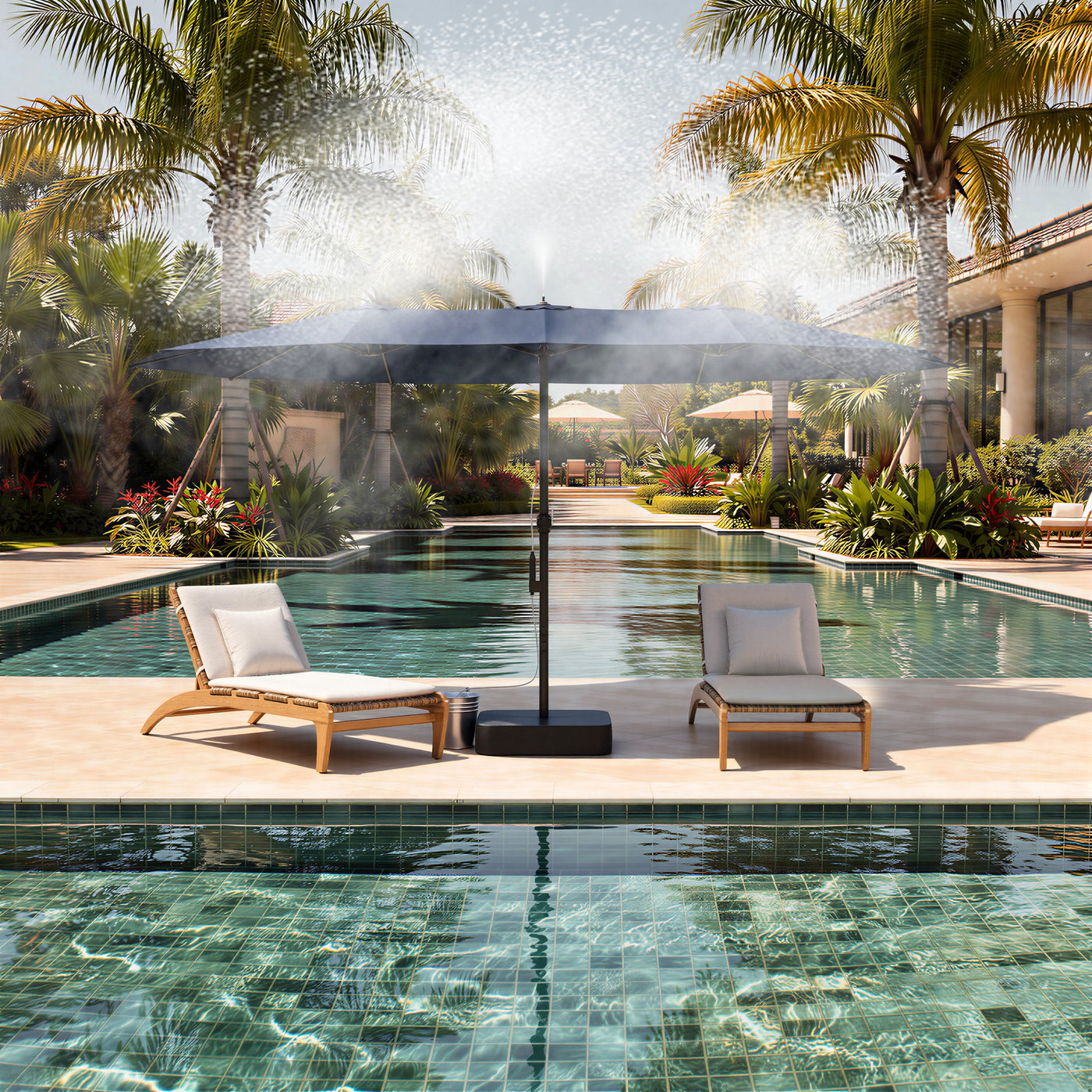 118" Double-Sided Patio Umbrella with Misting System  and Base