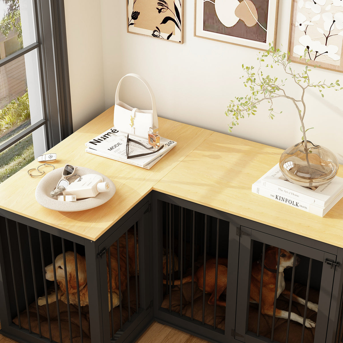 58.7 inch Rustic Black Corner Dog Crate with Steel Divider