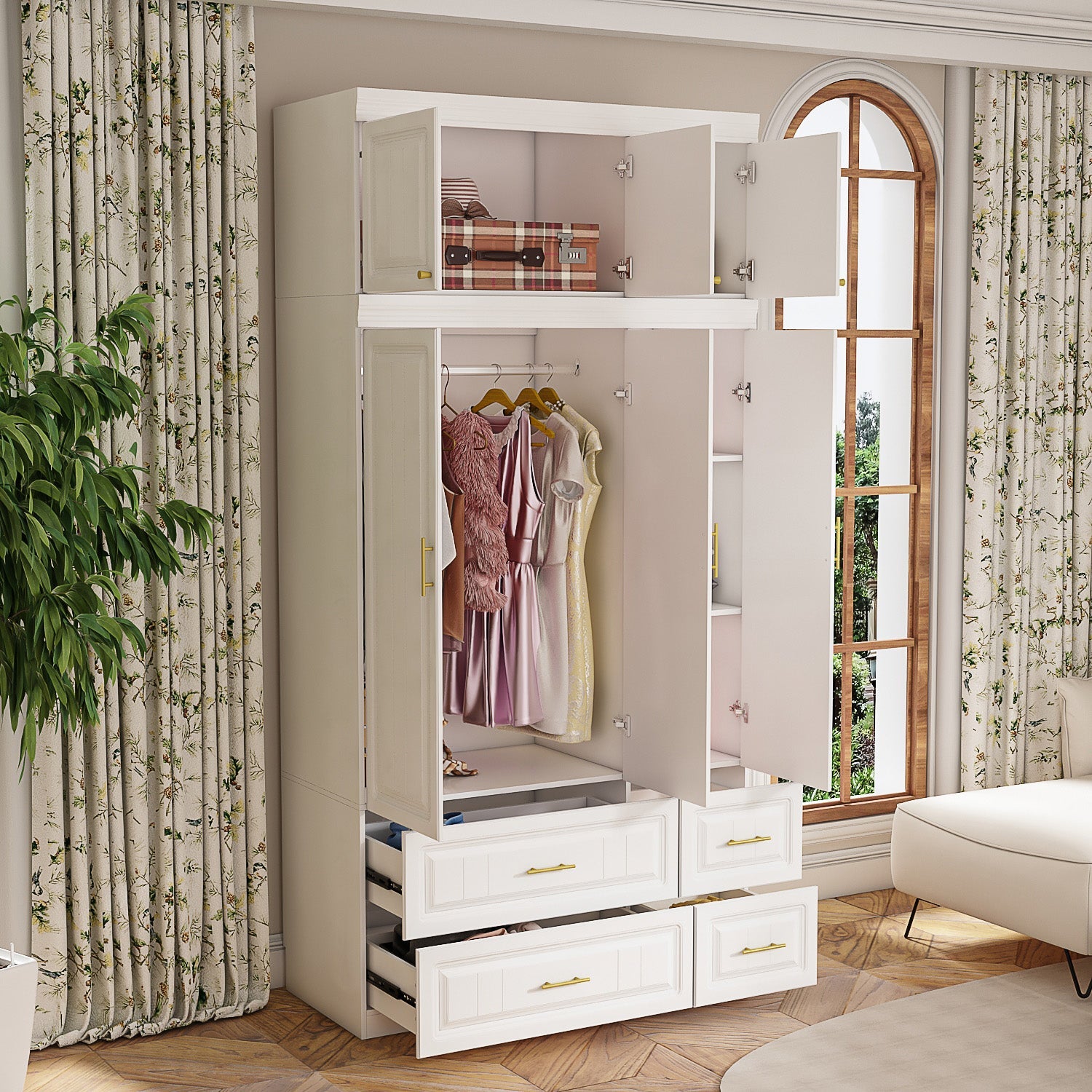 Wardrobe Heavy Duty Clothes Closet Storage Cabinet Armoire with Metal Handles for Small Living