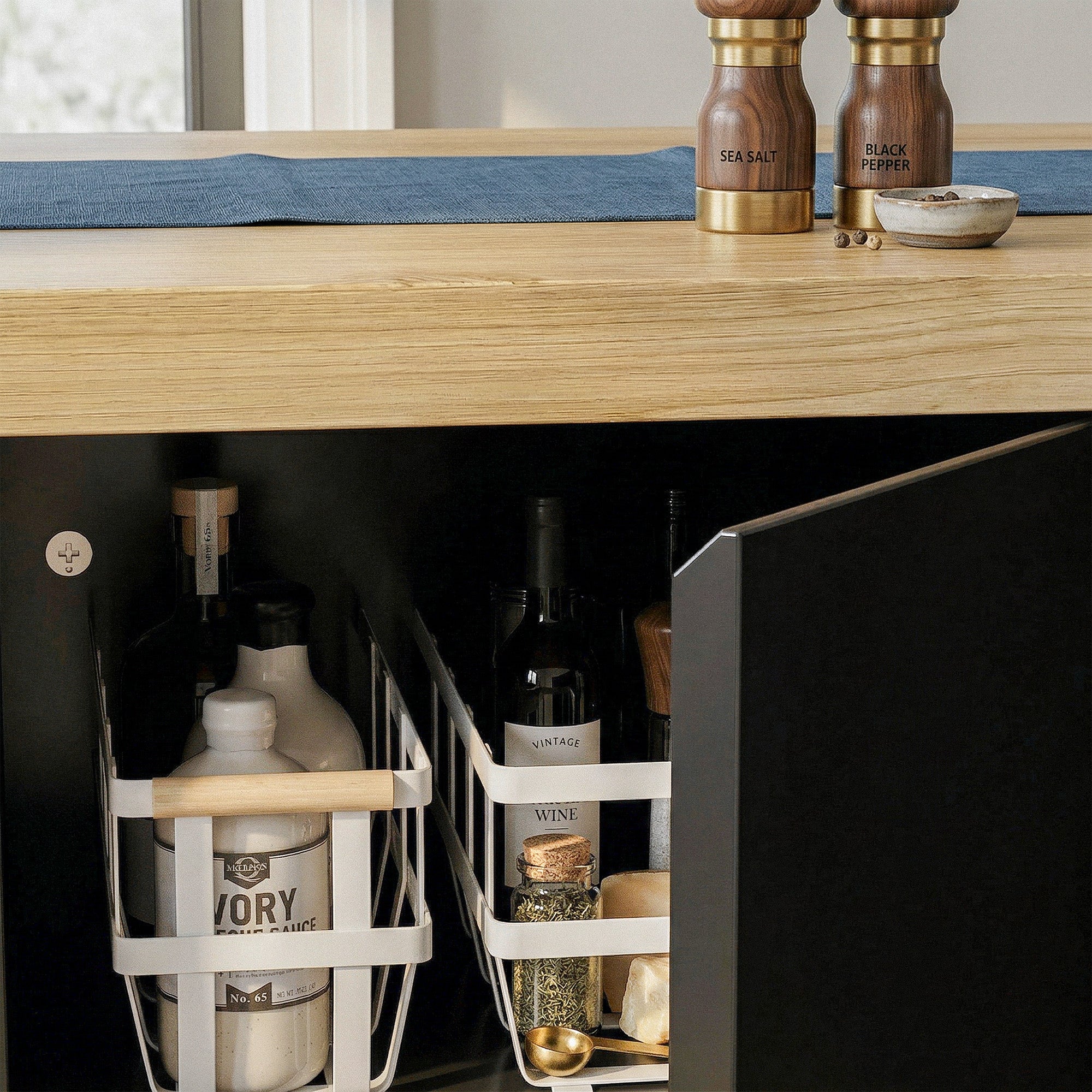 77.3 inches Modern Black Kitchen Island With Adjustable Shelves And Butcher Block Top