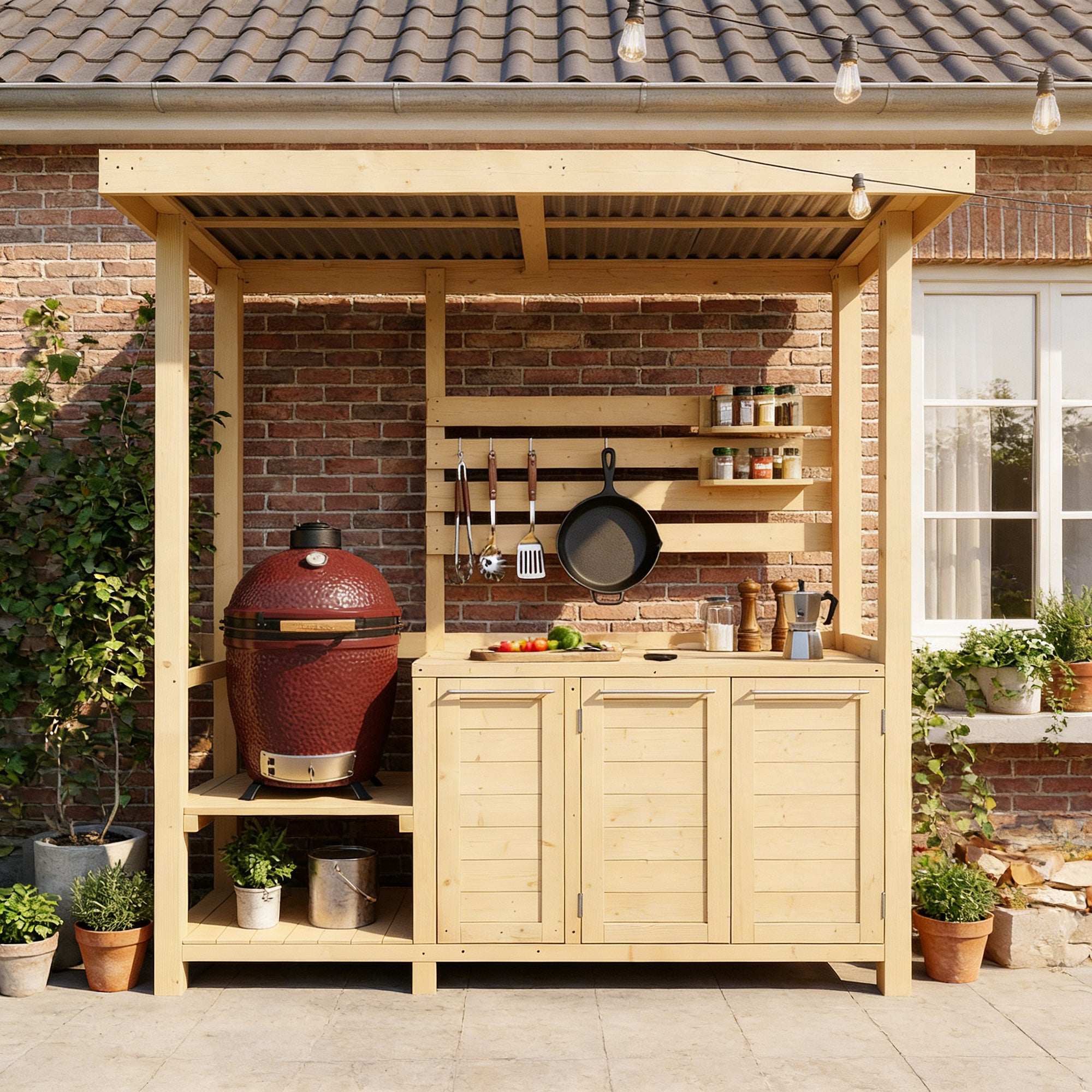 Outdoor kitchen with wooden cabinets, grill, and utensils on a brick wall background.