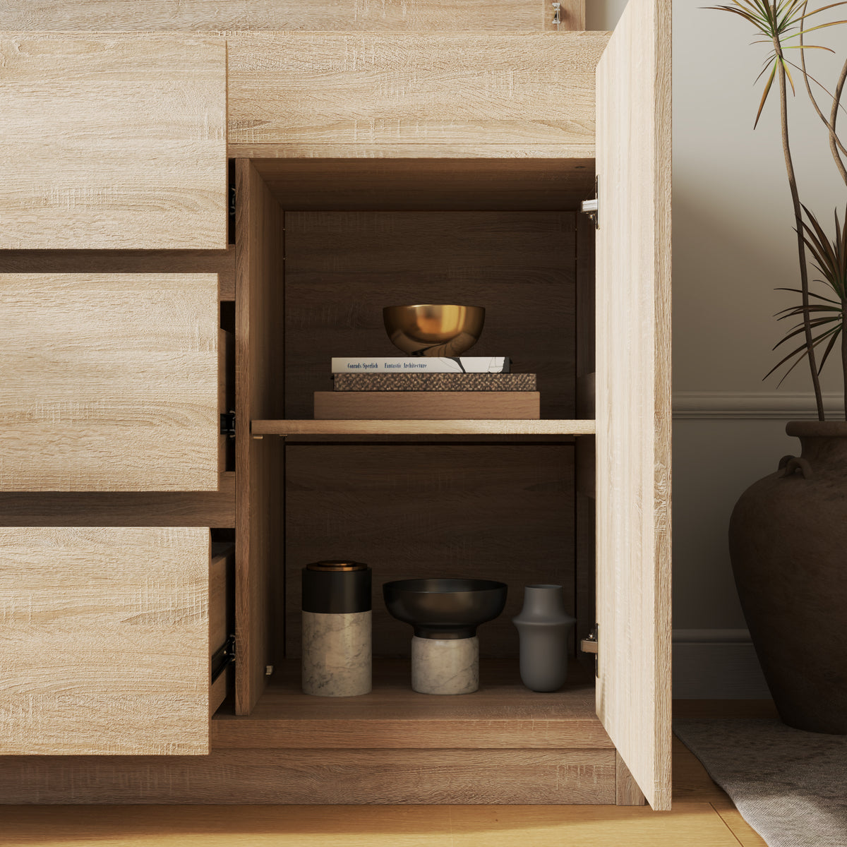 Wooden cabinet with open doors displaying decorative items in a room setting