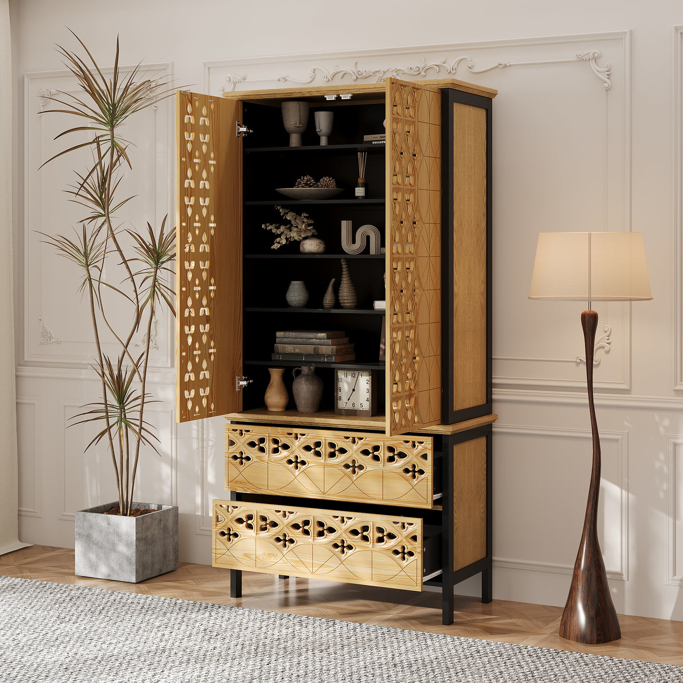 Wooden cabinet with decorative patterns in a room with a plant and lamp.
