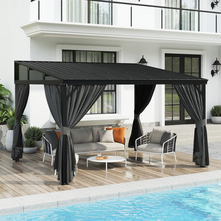 145.4" Modern Black Patio Gazebo with Curtains and Mosquito Net