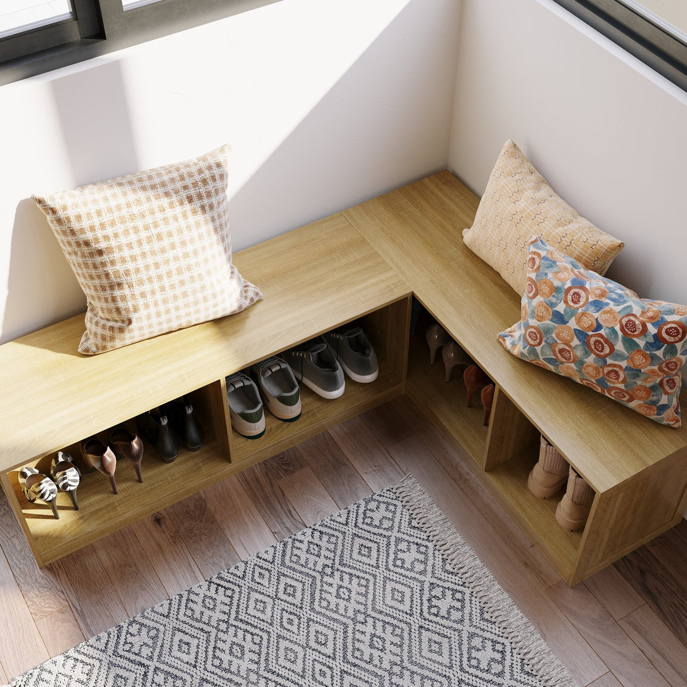 63" Modern Oak Corner Wooden Bench with Storage Compartments