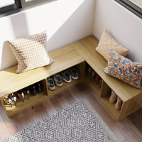 63" Modern Oak Corner Wooden Bench with Storage Compartments