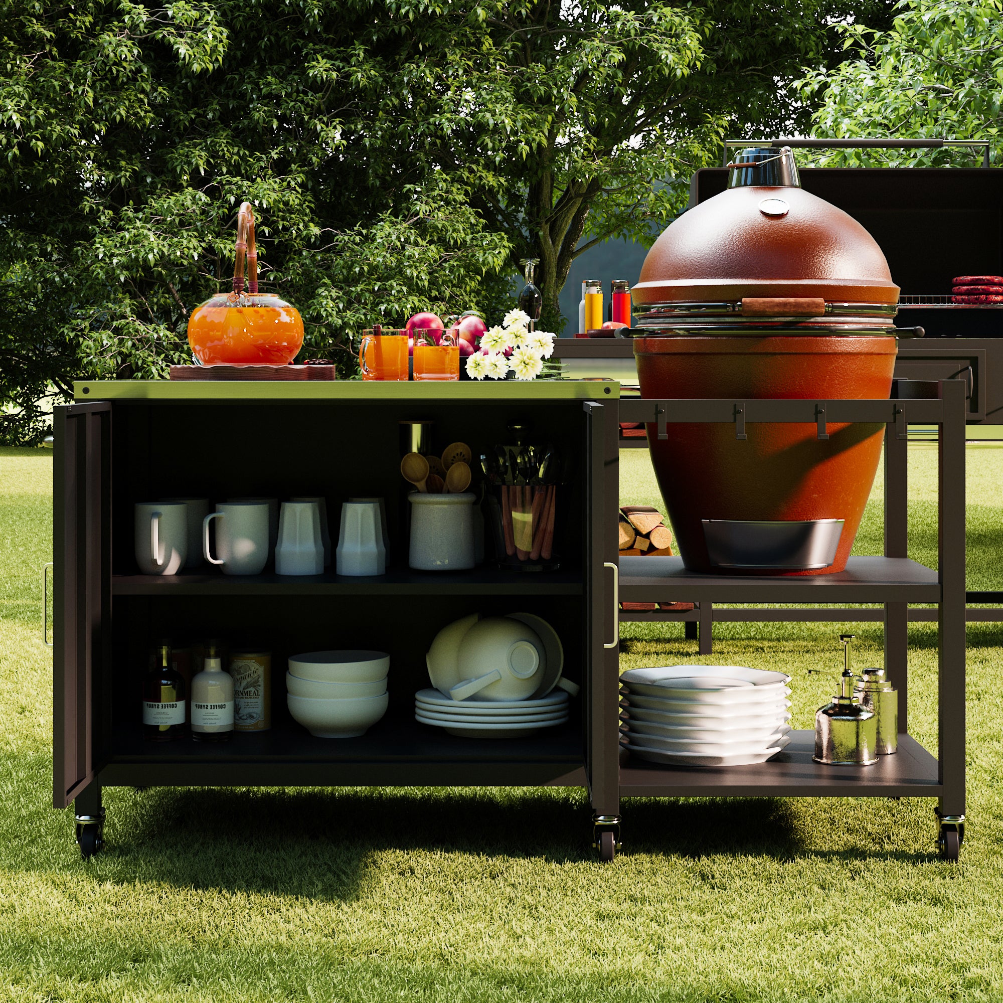 Black BBQ Grill Cart With Stainless Steel Top, Double-Door Cabinet, Open Shelves & Lockable Wheels