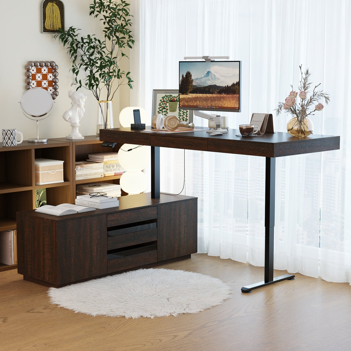 70.9" Modern Walnut L-Shaped 3-Drawer Standing Desk with Bookcase