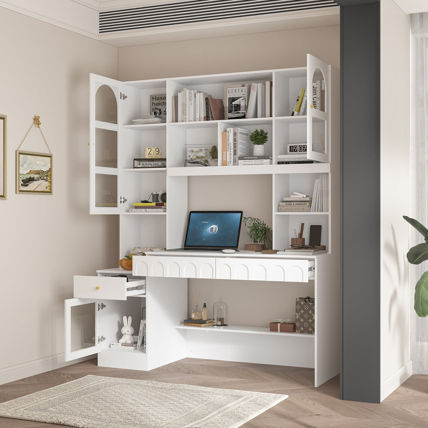 62.4" Modern White Desk with Hutch, Open Shelves and Cabinets