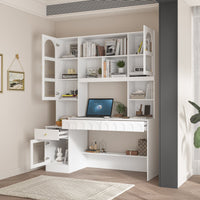 62.4" Modern White Desk with Hutch, Open Shelves and Cabinets