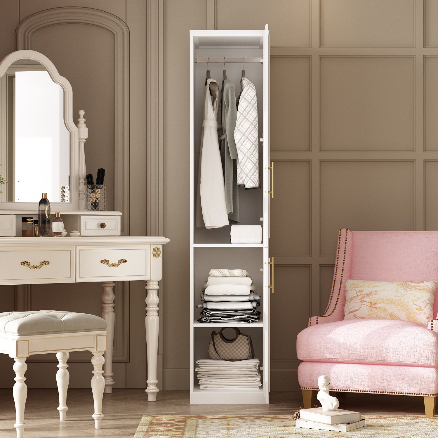 Compact Wardrobe With Dual Doors, Space-Saving Design With Golden Handles And Multiple Storage Sections
