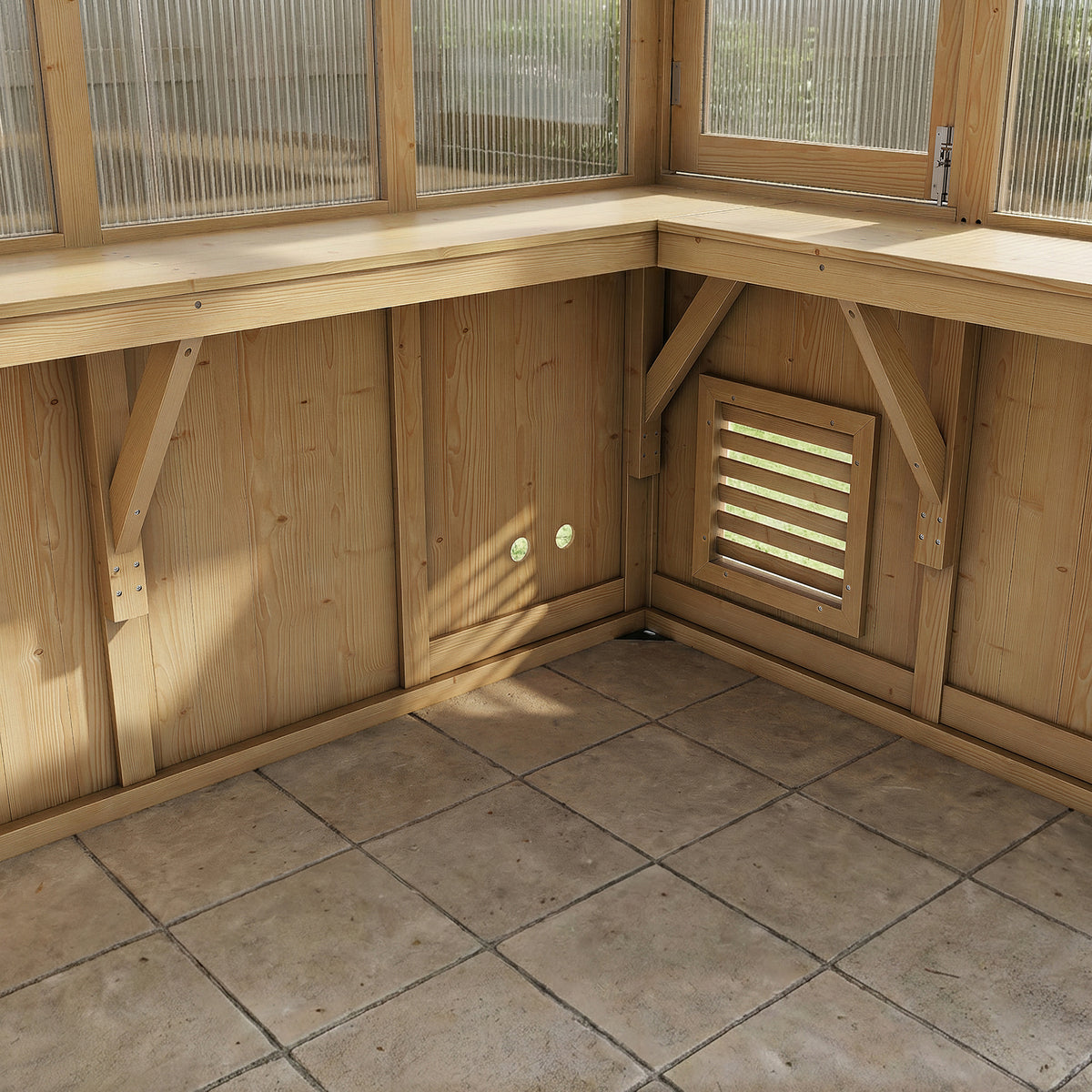 Wooden structure with tiled floor and windowed walls