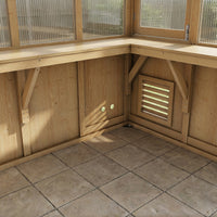 Wooden structure with tiled floor and windowed walls