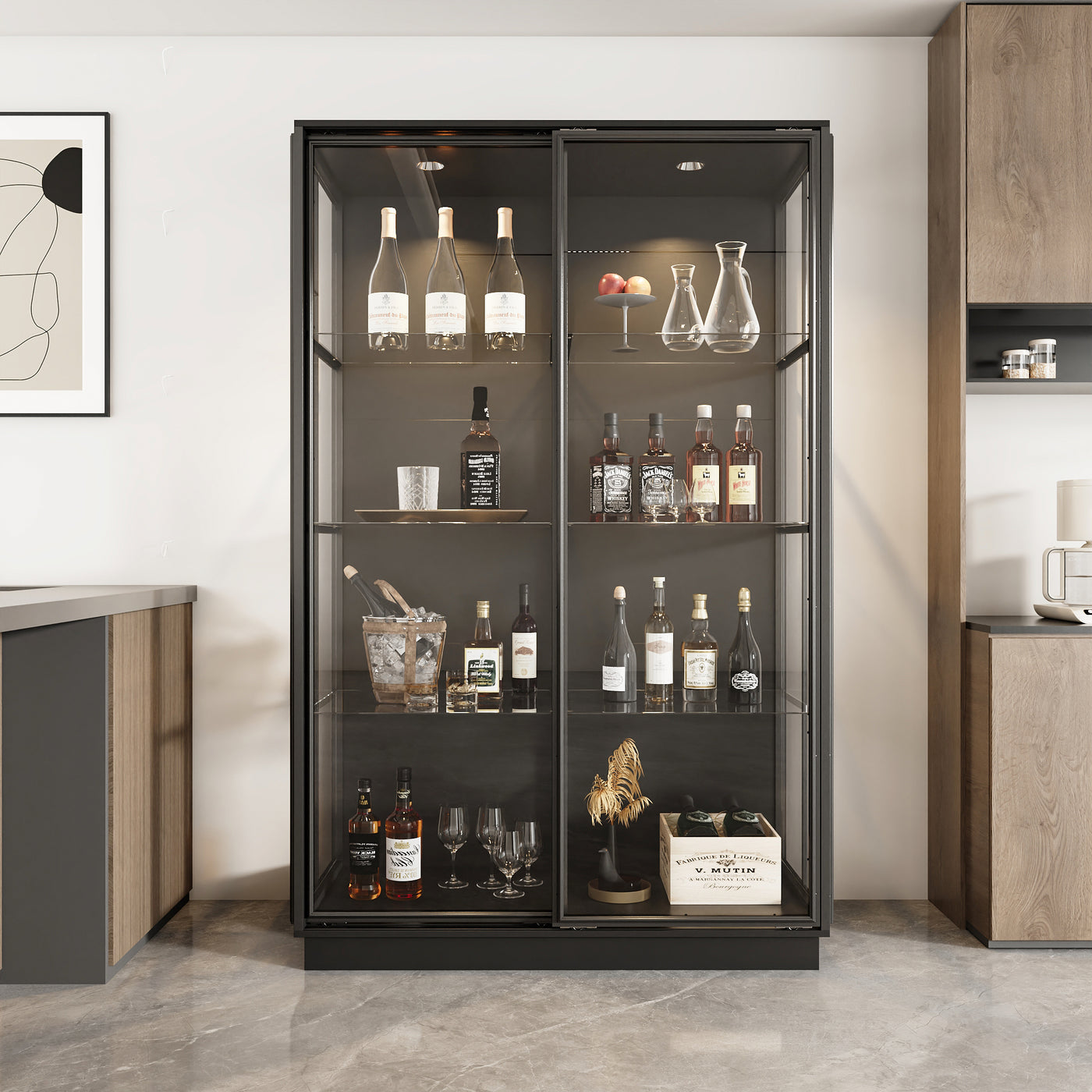 48.1" Modern Black 4-Tier Display Cabinet With Glass Doors and Lights