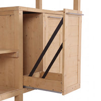 Wooden cabinet with a black support bar on a white background