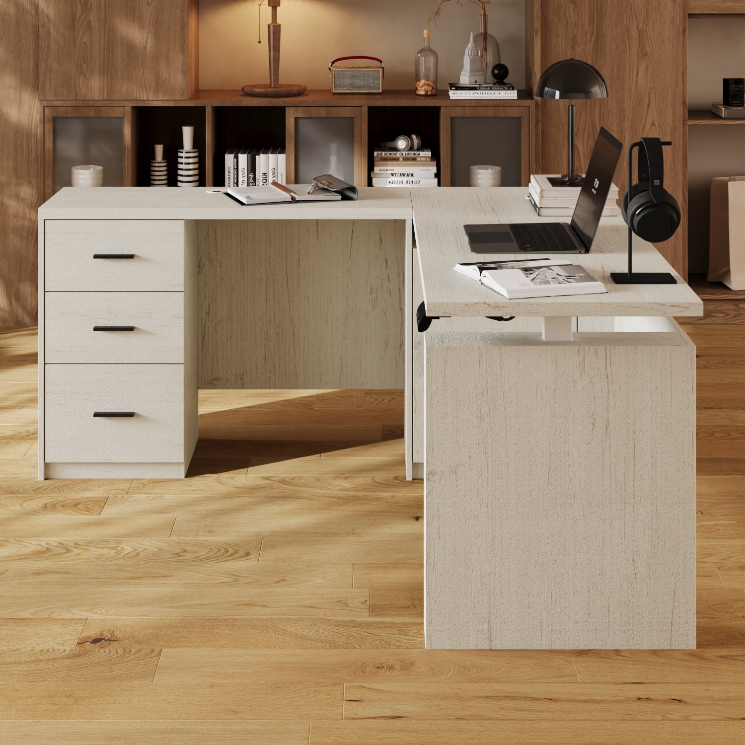 63"W L-Shaped 3-Drawer Lift Computer Desk