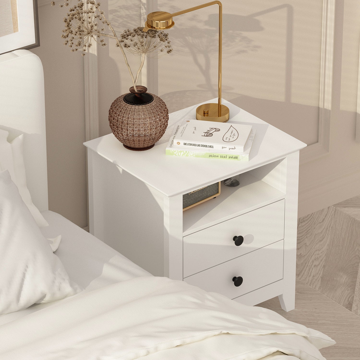 End Table Side Table with 2 Drawers & Shelf Bedside Table Nightstand with Wooden Legs