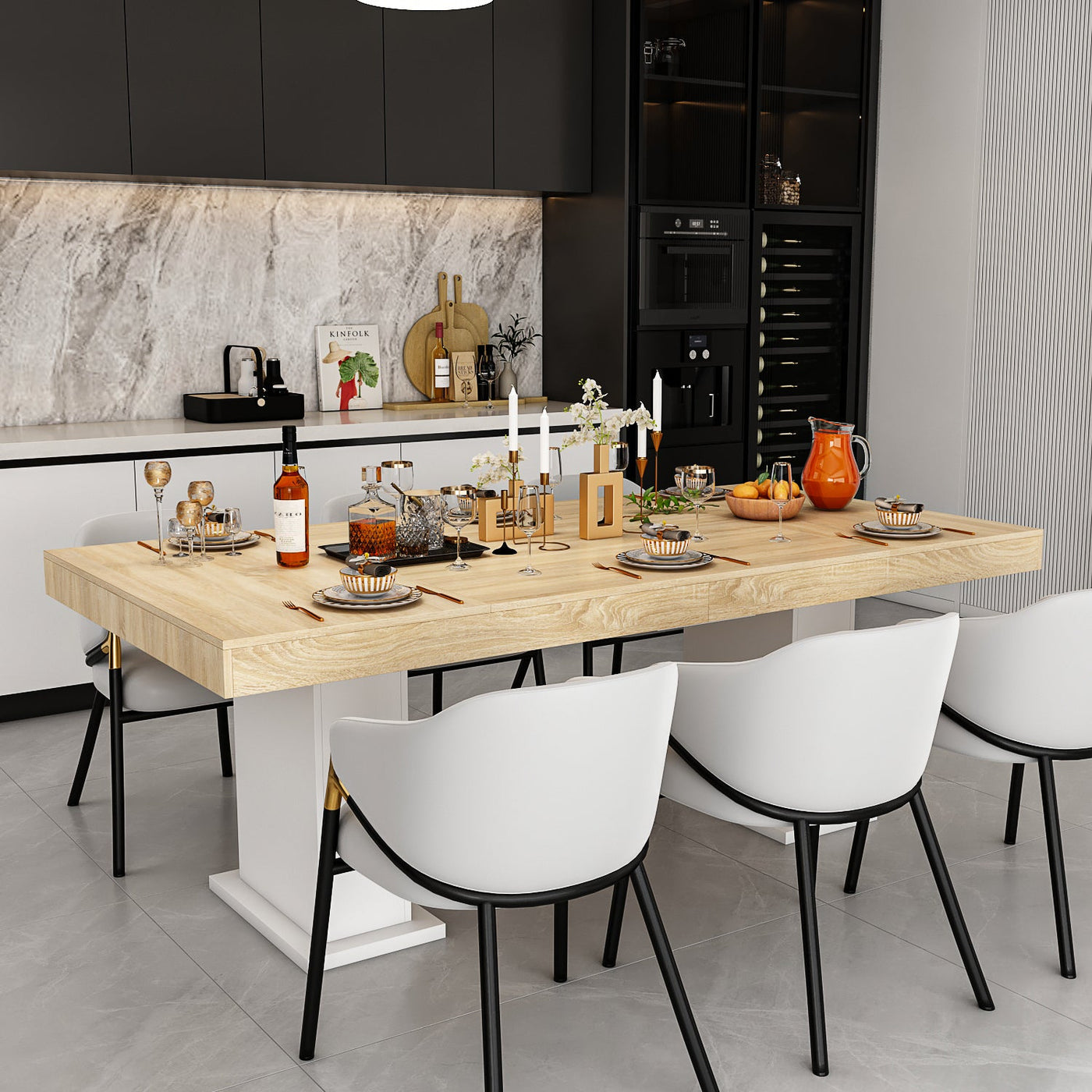 78.7" Modern Natural Rectangular Dinning Table With Two Marble Legs