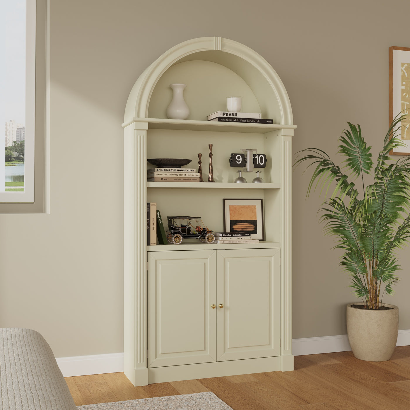 71" Mid-Century Milky Yellow Arched Bookcase with 5-Tier Shelves and Cabinet
