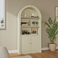 71" Mid-Century Milky Yellow Arched Bookcase with 5-Tier Shelves and Cabinet