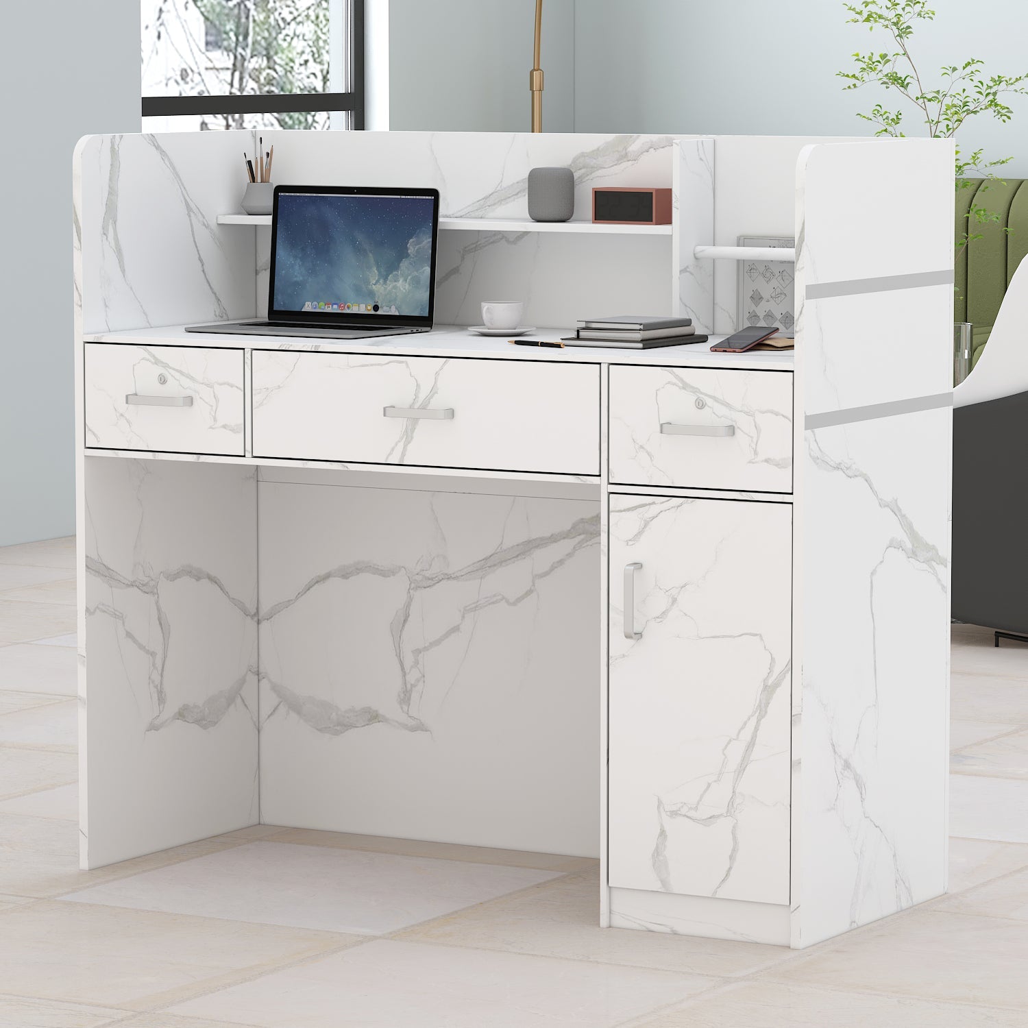 Modern Wooden Reception Desk Computer Table with Filing Cabinet Lockable Storage 47"W